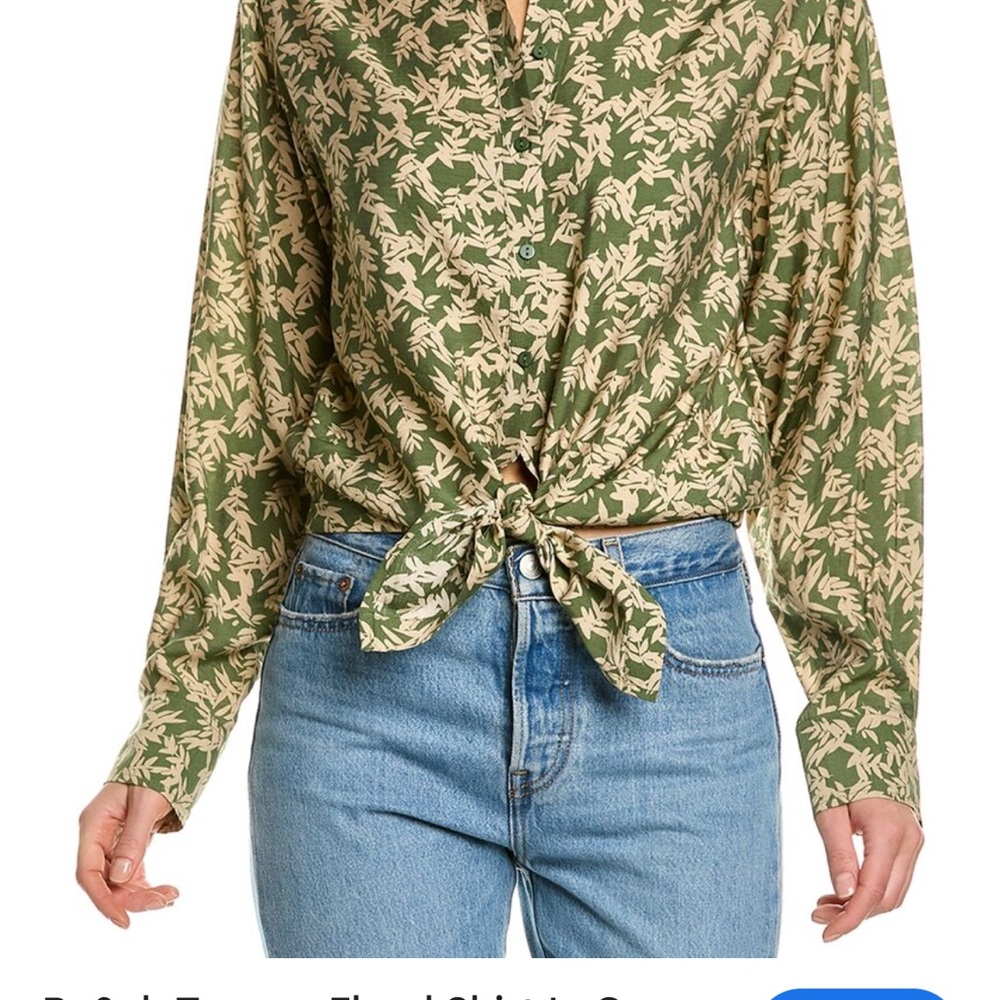 Green and Cream Women's Floral Tie-Front Blouse